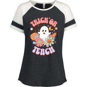 Retro Trick Or Teach Halloween Ghost For Teachers Gift Enza Ladies Jersey Colorblock Tee