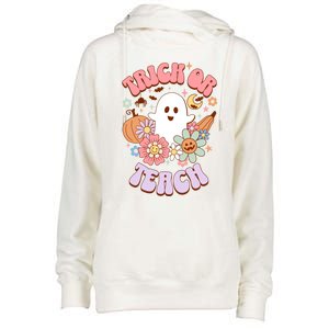 Retro Trick Or Teach Halloween Ghost For Teachers Gift Womens Funnel Neck Pullover Hood