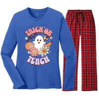 Retro Trick Or Teach Halloween Ghost For Teachers Gift Women's Long Sleeve Flannel Pajama Set 