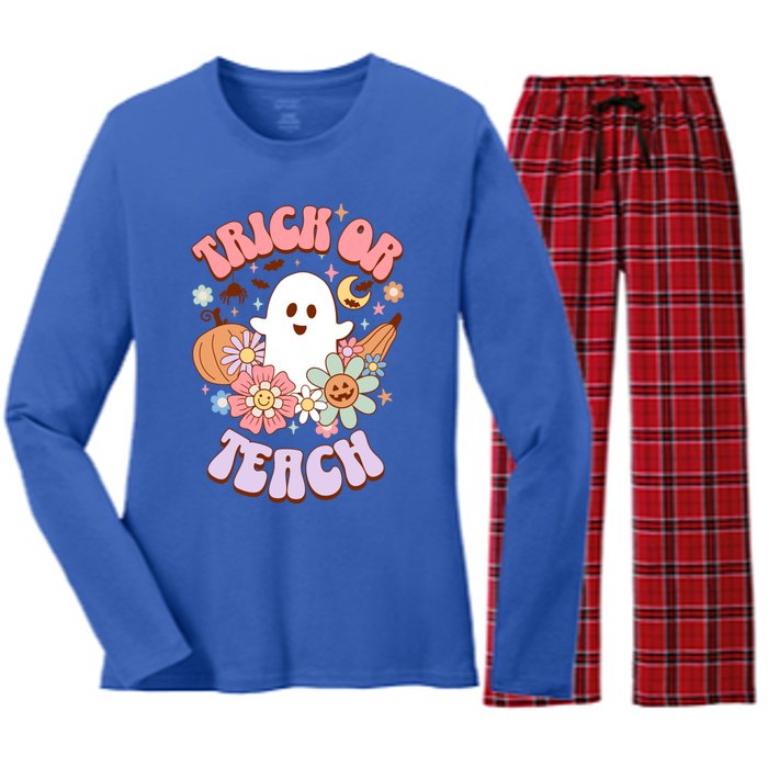 Retro Trick Or Teach Halloween Ghost For Teachers Gift Women's Long Sleeve Flannel Pajama Set 