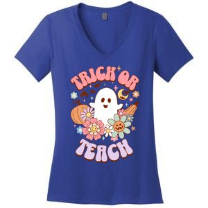 Retro Trick Or Teach Halloween Ghost For Teachers Gift Women's V-Neck T-Shirt