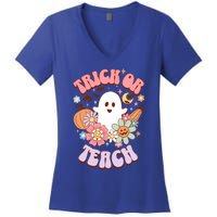 Retro Trick Or Teach Halloween Ghost For Teachers Gift Women's V-Neck T-Shirt