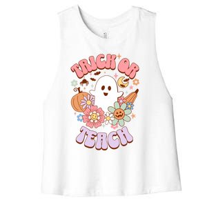 Retro Trick Or Teach Halloween Ghost For Teachers Gift Women's Racerback Cropped Tank