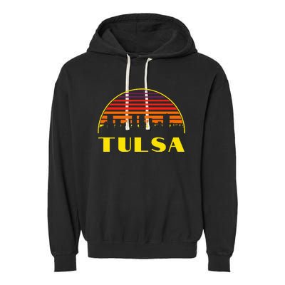 Retro Tulsa Oklahoma Downtown Skyline Garment-Dyed Fleece Hoodie