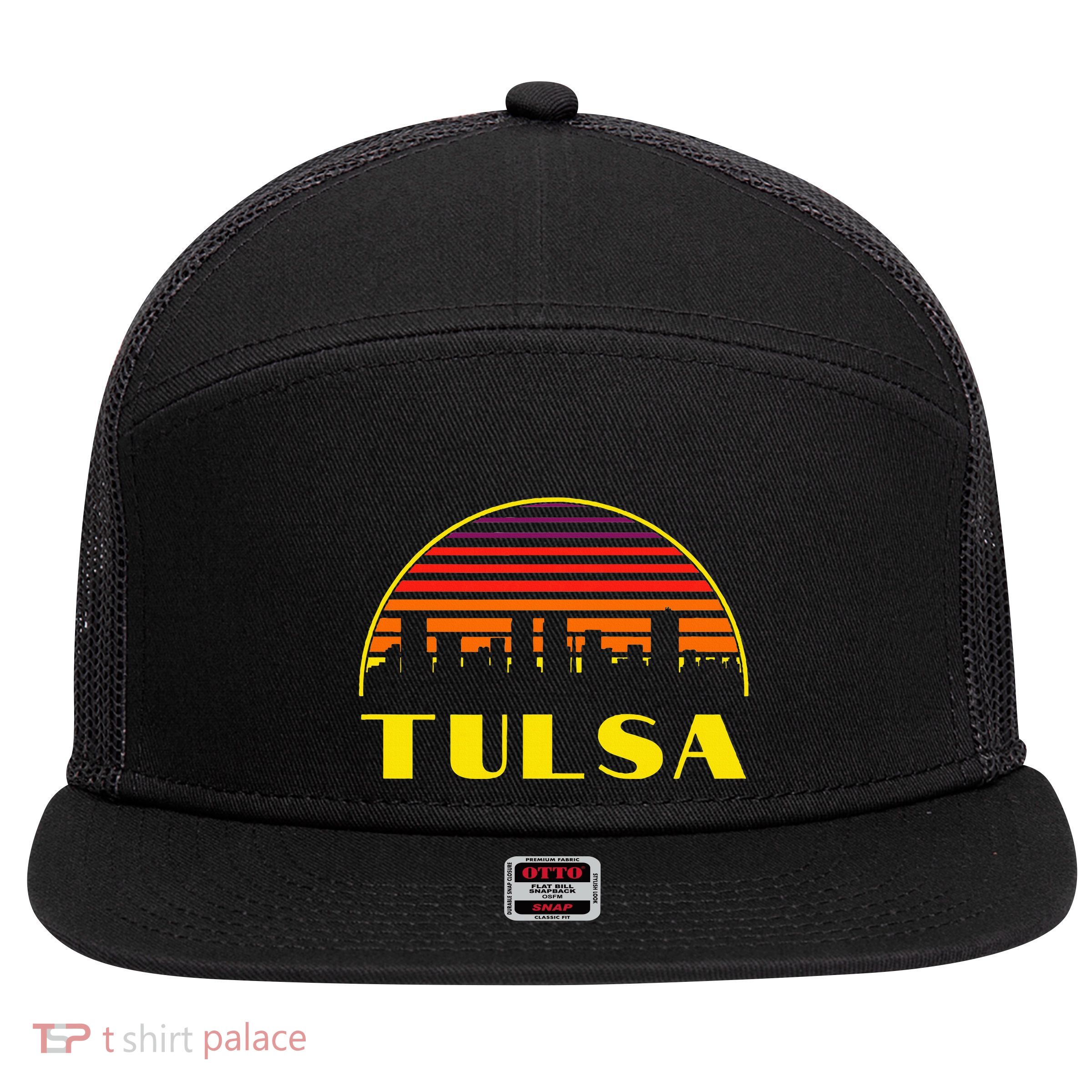 Retro Tulsa Oklahoma Downtown Skyline 7 Panel Mesh Trucker Snapback Hat