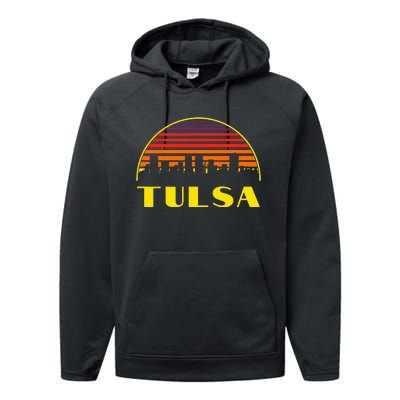 Retro Tulsa Oklahoma Downtown Skyline Performance Fleece Hoodie