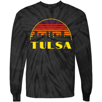 Retro Tulsa Oklahoma Downtown Skyline Tie-Dye Long Sleeve Shirt