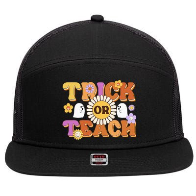 Retro Trick Or Teach Ghost Teacher Halloween Wo 7 Panel Mesh Trucker Snapback Hat