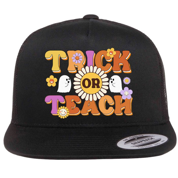 Retro Trick Or Teach Ghost Teacher Halloween Wo Flat Bill Trucker Hat