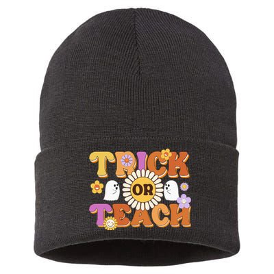 Retro Trick Or Teach Ghost Teacher Halloween Wo Sustainable Knit Beanie