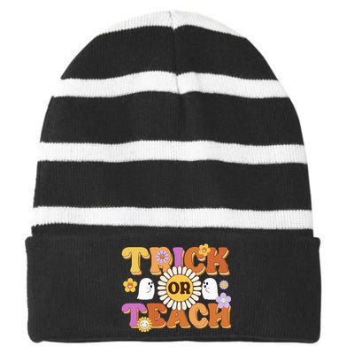 Retro Trick Or Teach Ghost Teacher Halloween Wo Striped Beanie with Solid Band