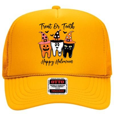 Retro Trick Or Teeth Funny Dental Halloween Treat Dentist Great Gift High Crown Mesh Back Trucker Hat