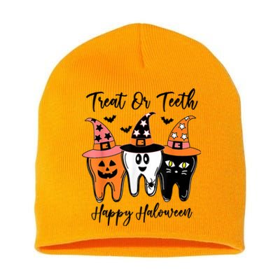 Retro Trick Or Teeth Funny Dental Halloween Treat Dentist Great Gift Short Acrylic Beanie