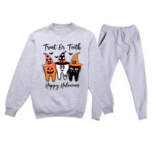 Retro Trick Or Teeth Funny Dental Halloween Treat Dentist Great Gift Premium Crewneck Sweatsuit Set