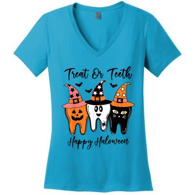 Retro Trick Or Teeth Funny Dental Halloween Treat Dentist Great Gift Women's V-Neck T-Shirt