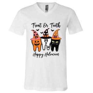 Retro Trick Or Teeth Funny Dental Halloween Treat Dentist Great Gift V-Neck T-Shirt