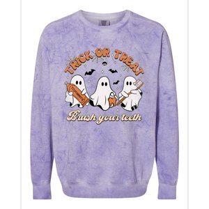 Retro Trick Or Treat Brush Your Teeth Scary Groovy Halloween Gift Colorblast Crewneck Sweatshirt