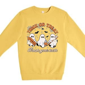 Retro Trick Or Treat Brush Your Teeth Scary Groovy Halloween Gift Premium Crewneck Sweatshirt