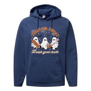 Retro Trick Or Treat Brush Your Teeth Scary Groovy Halloween Gift Performance Fleece Hoodie