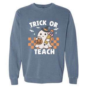 Retro Trick Or Teach Halloween Teacher Ghost Spooky Season Gift Garment-Dyed Sweatshirt