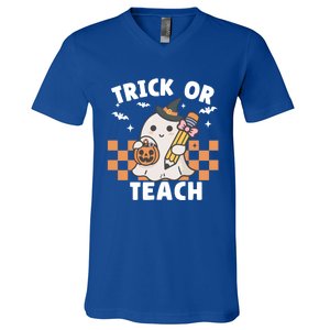 Retro Trick Or Teach Halloween Teacher Ghost Spooky Season Gift V-Neck T-Shirt