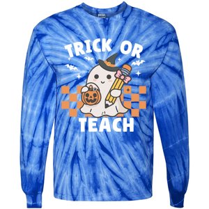 Retro Trick Or Teach Halloween Teacher Ghost Spooky Season Gift Tie-Dye Long Sleeve Shirt