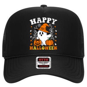 Retro Trick Or Treat Happy Halloween Ghost High Crown Mesh Back Trucker Hat