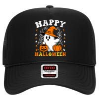 Retro Trick Or Treat Happy Halloween Ghost High Crown Mesh Back Trucker Hat