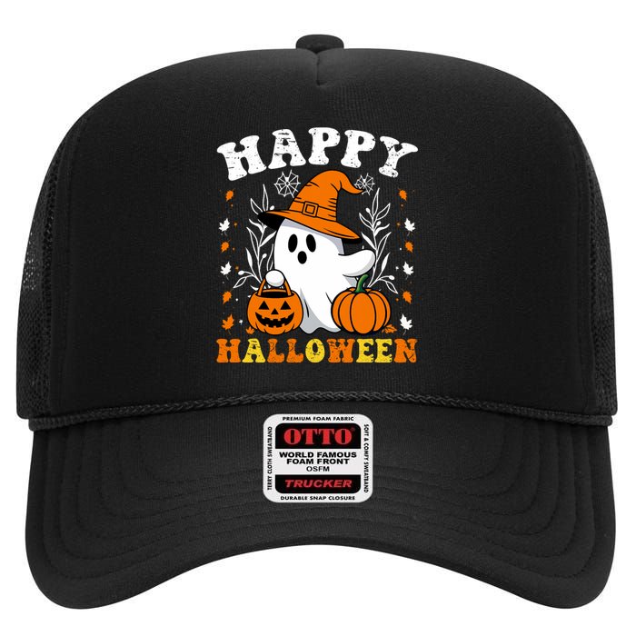 Retro Trick Or Treat Happy Halloween Ghost High Crown Mesh Back Trucker Hat