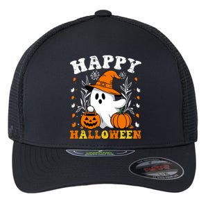 Retro Trick Or Treat Happy Halloween Ghost Flexfit Unipanel Trucker Cap