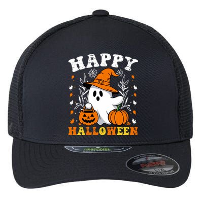 Retro Trick Or Treat Happy Halloween Ghost Flexfit Unipanel Trucker Cap