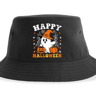 Retro Trick Or Treat Happy Halloween Ghost Sustainable Bucket Hat