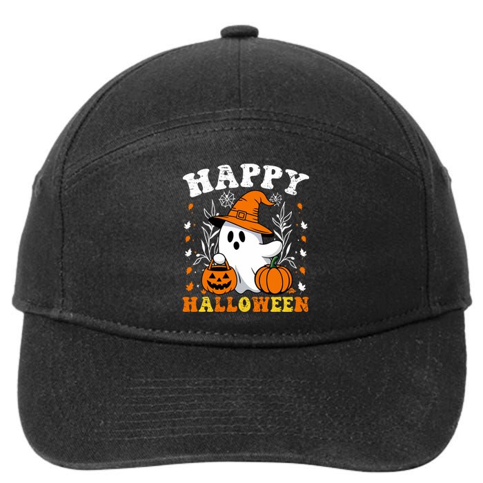 Retro Trick Or Treat Happy Halloween Ghost 7-Panel Snapback Hat