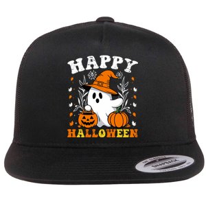 Retro Trick Or Treat Happy Halloween Ghost Flat Bill Trucker Hat