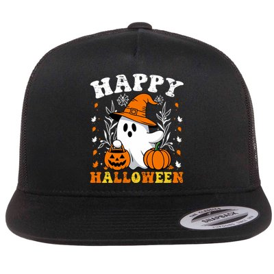 Retro Trick Or Treat Happy Halloween Ghost Flat Bill Trucker Hat