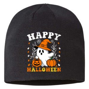 Retro Trick Or Treat Happy Halloween Ghost Sustainable Beanie