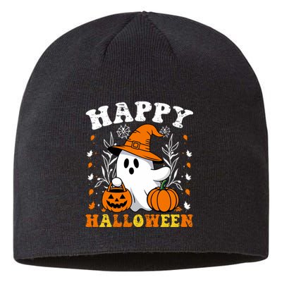 Retro Trick Or Treat Happy Halloween Ghost Sustainable Beanie