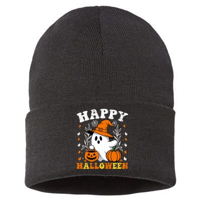 Retro Trick Or Treat Happy Halloween Ghost Sustainable Knit Beanie