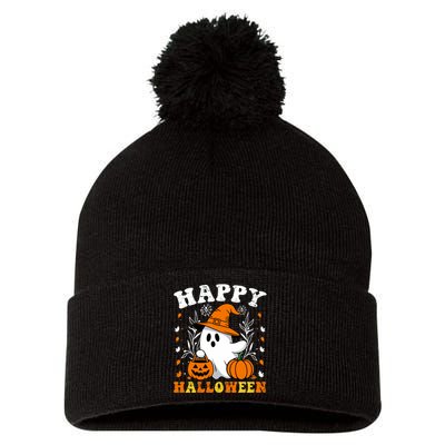 Retro Trick Or Treat Happy Halloween Ghost Pom Pom 12in Knit Beanie