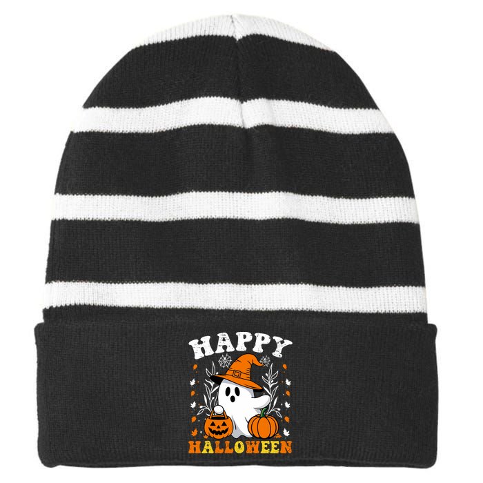 Retro Trick Or Treat Happy Halloween Ghost Striped Beanie with Solid Band