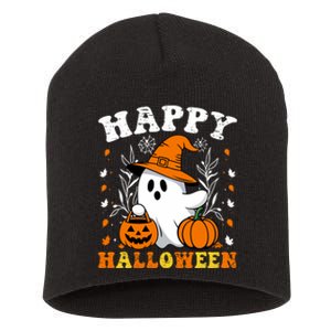 Retro Trick Or Treat Happy Halloween Ghost Short Acrylic Beanie