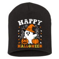 Retro Trick Or Treat Happy Halloween Ghost Short Acrylic Beanie