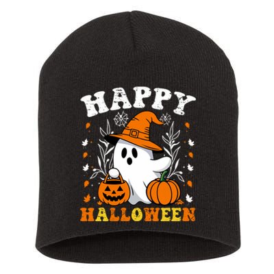 Retro Trick Or Treat Happy Halloween Ghost Short Acrylic Beanie