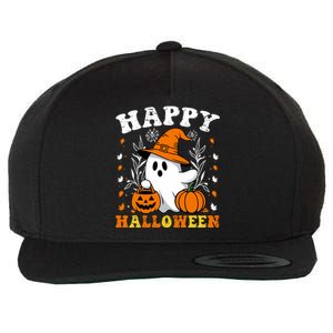 Retro Trick Or Treat Happy Halloween Ghost Wool Snapback Cap