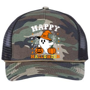 Retro Trick Or Treat Happy Halloween Ghost Retro Rope Trucker Hat Cap