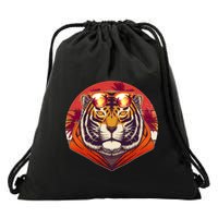 Retro Tropical Palm Tree Hipster Tiger Drawstring Bag