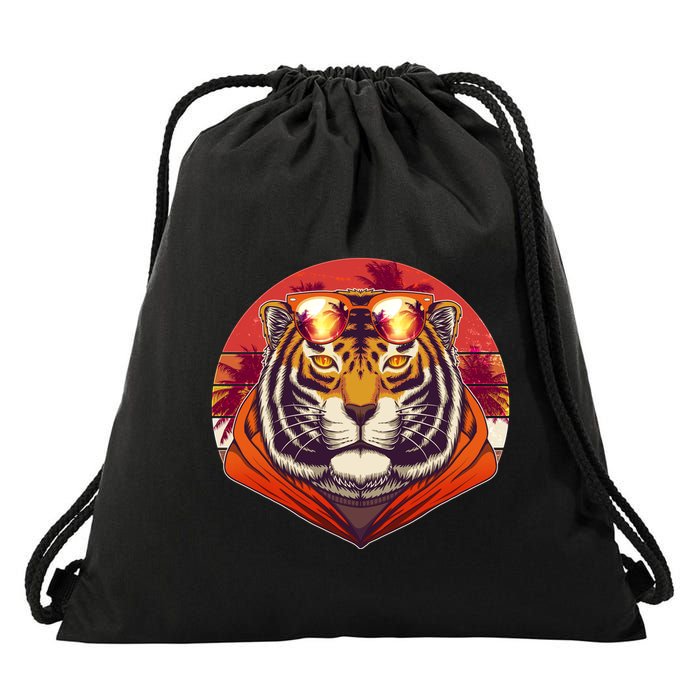 Retro Tropical Palm Tree Hipster Tiger Drawstring Bag