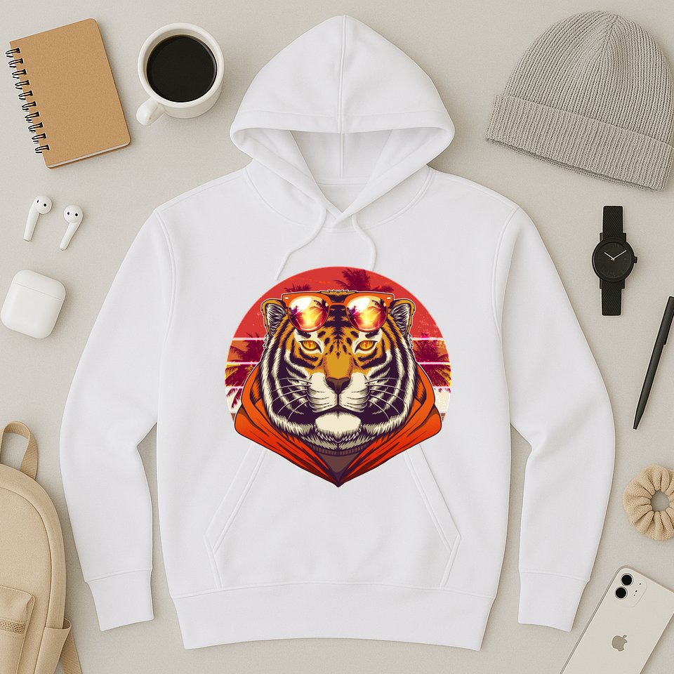 Retro Tropical Palm Tree Hipster Tiger Hoodie