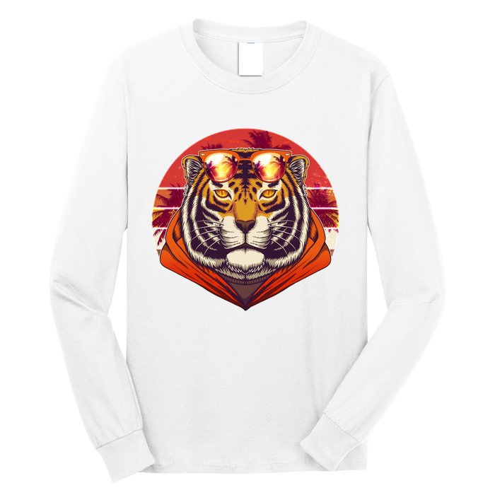 Retro Tropical Palm Tree Hipster Tiger Long Sleeve Shirt