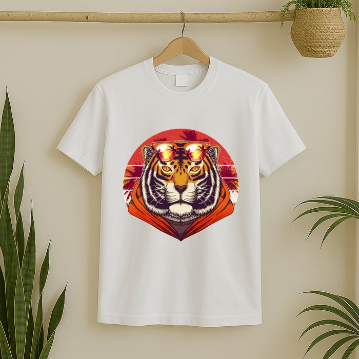 Retro Tropical Palm Tree Hipster Tiger T-Shirt